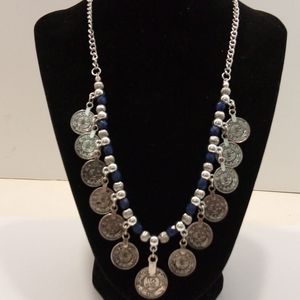 Silver & Blue Hanging Coin Charm Necklace
